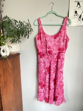 Vintage Y2K 100% Silk Adrianna Papell Pink Floral Scoop-Neck Midi Dress- Size 12